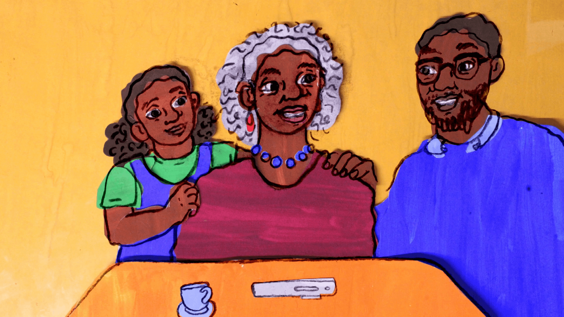 Illustration of child, older woman and man at table, all smiling