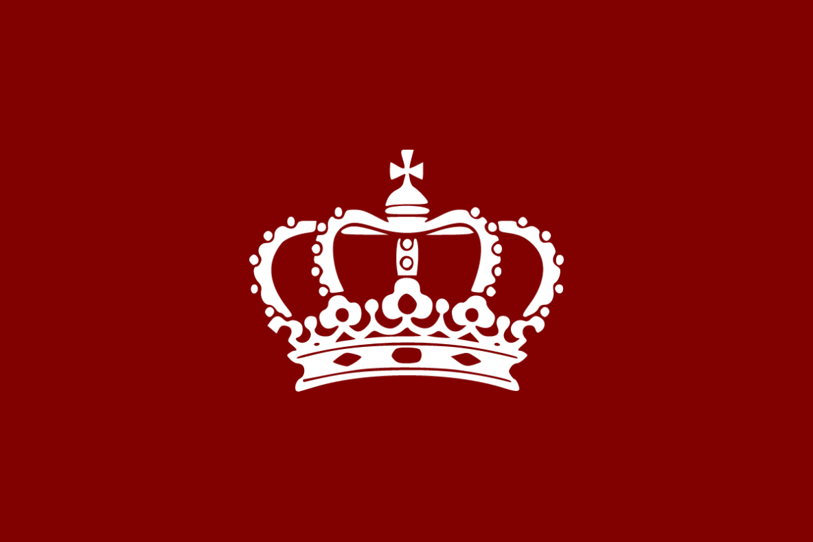 A white logo of the British royal crown on white on a deep red background.
