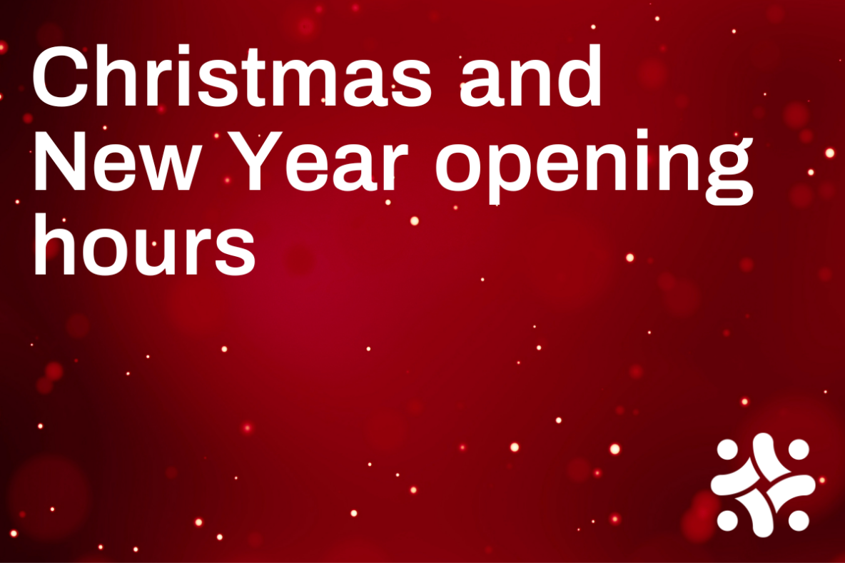 Red background with faint christmas lights sparkling throughout. Overlaid is white text reading: 'Chritsmas and New Year opening hours'. In the bottom Right corner is the white Deaf Action logomark.