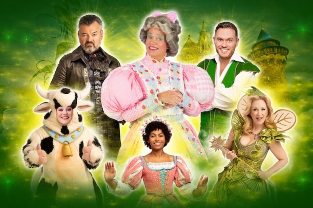 An e-flyer for Jack and the Beanstalk pantomime. A group of characters standing including a cow, a fairy, and a man dressed in a green vest and white sleeves.