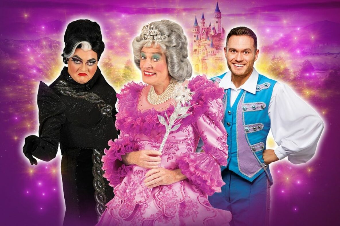 An e-flyer for Cinderella the pantomime. There are three people in front of a purple background. One is dressed like in black with a black wig, the other is in a pink dress and a blonde wig and the last is wearing a blue vest coat and big white sleeves.