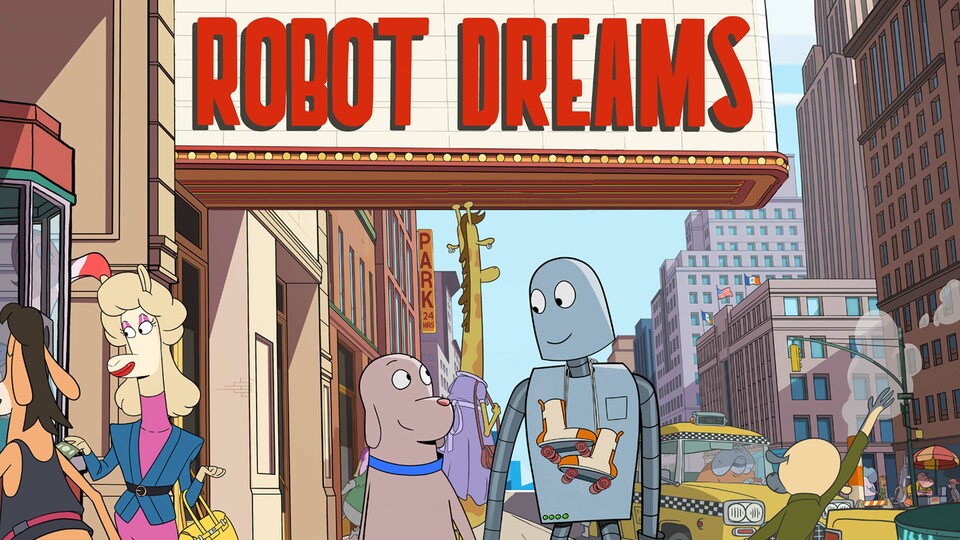 poster for film 'Robot Dreams' featuring an animated dog and a robot walking down a street together.