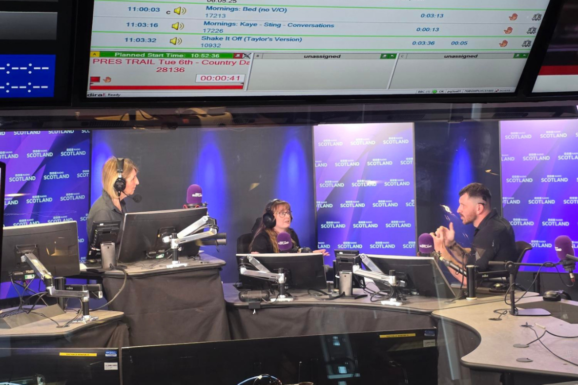 Mitchell Graham and Megan Frickleton from Deaf Actin in the BBC Radio Scotland Studio with Kaye Adams